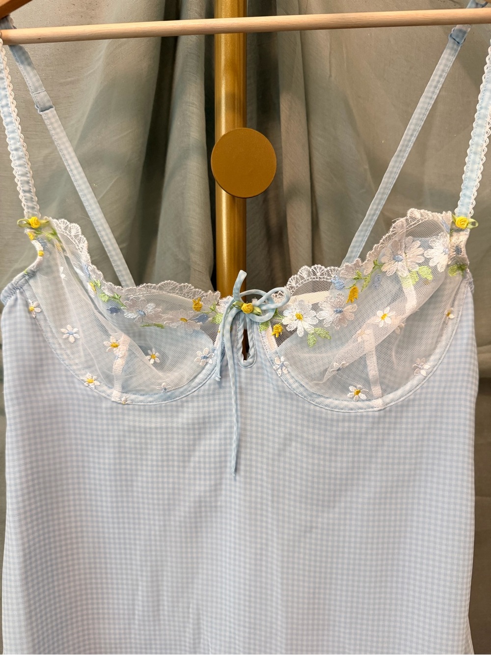 For Love & Lemons Pale Blue Gingham Floral-Embroidered Lingerie - Picture 3 of 7